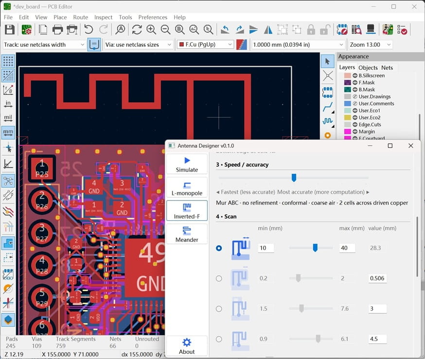 A screen capture of KiCad with the Antenna Designer plugin open: dragging a dimension across its range redraws the inverted-F antenna's meander on the board at every step.